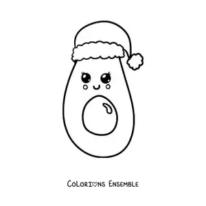 Image à colorier d’un avocat kawaii avec un bonnet de Noël