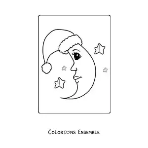 Image à colorier d’une lune animée avec un bonnet de Noël