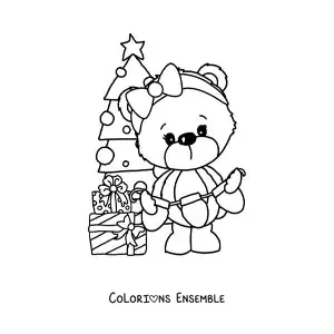 Image à colorier d’un ours de Noël avec un sapin de Noël et des cadeaux
