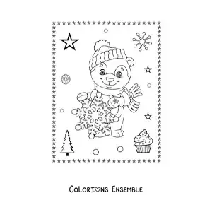 Image à colorier d’un ours de Noël animé avec un flocon de neige