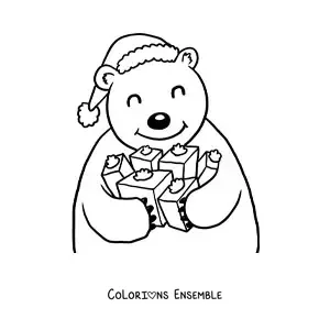 Image à colorier d’un ours avec des cadeaux et un bonnet de Noël