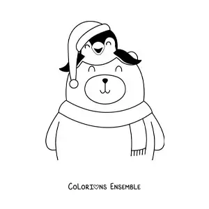 Image à colorier d’un ours avec un pingouin et un bonnet de Noël