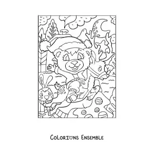Image à colorier d’un ours de Noël déguisé en Père Noël avec un cerf