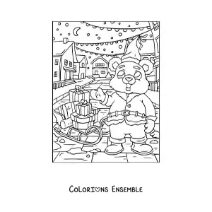 Image à colorier d’un ours de Noël déguisé en Père Noël avec un traîneau rempli de cadeaux