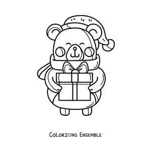 Image à colorier d’un ours de Noël kawaii avec un cadeau