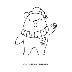 Image à colorier d’un ours de Noël avec une écharpe et un bonnet