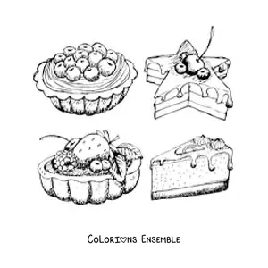 Image à colorier de quatre gâteaux aux fruits différents