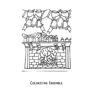 Image à colorier d’une cheminée décorée avec des chaussettes et des cloches de Noël