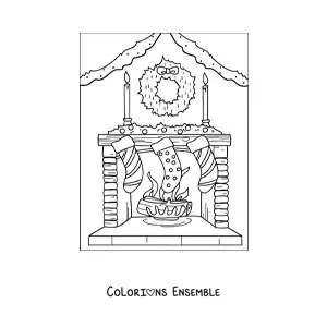 Image à colorier d’une cheminée décorée avec des chaussettes et une couronne de Noël