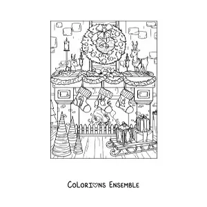 Image à colorier d’une cheminée réaliste décorée pour Noël
