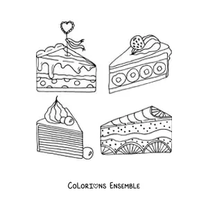 Image à colorier de quatre parts triangulaires de gâteaux aux fruits