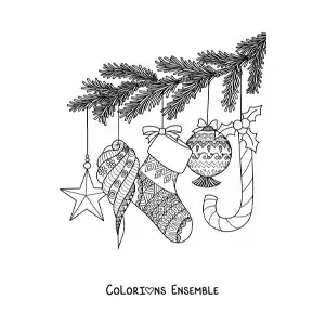 Image à colorier d’une branche de sapin de Noël avec des boules et des ornements