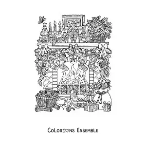 Image à colorier d’une cheminée réaliste décorée pour Noël avec des cadeaux