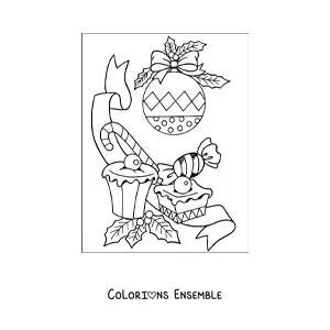 Image à colorier d’une boule de Noël avec des friandises de Noël