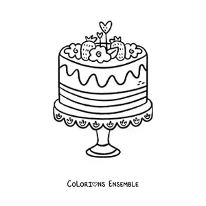 Image à colorier d'un gâteau décoré de fraises et de fleurs
