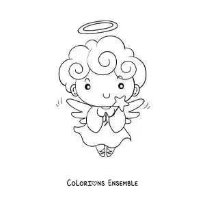 Image à colorier d'un petit ange de Noël avec une étoile