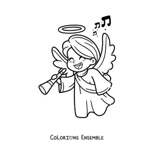 Image à colorier d’un petit ange de Noël avec une flûte