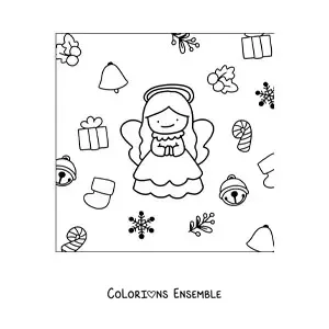 Image à colorier d’un ange avec des ornements de Noël