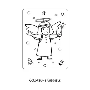 Image à colorier d’une fille déguisée en petit ange de Noël