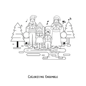 Image à colorier d’une grande famille chantant des chants de Noël