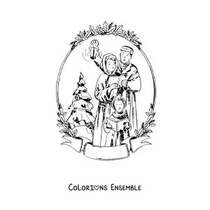 Image à colorier d’une famille vintage chantant des chants de Noël