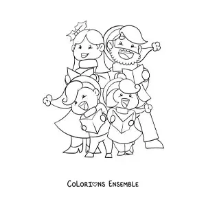 Image à colorier d’une famille chantant joyeusement des chants de Noël