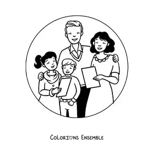 Image à colorier d’une famille unie chantant des chants de Noël