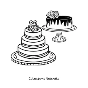 Image à colorier de deux gâteaux de mariage