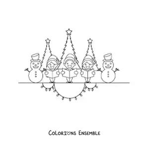 Image a colorier d’enfants et de bonshommes de neige animes qui chantent des chants de Noel