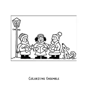 Image a colorier d’enfants et d’un chien qui chantent des chants de Noel