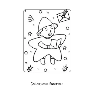 Image a colorier d’un garcon deguise en etoile qui chante des chants de Noel