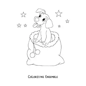 Image a colorier d’un chien de Noel kawaii dans une hotte a cadeaux