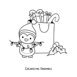 Image a colorier d’un pingouin de Noel kawaii avec des cadeaux et des lumieres