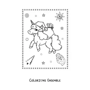 Image a colorier d’une licorne de Noel kawaii avec des cadeaux