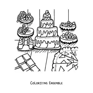 Image à colorier de plusieurs gâteaux et desserts
