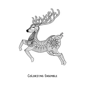Image a colorier d’un cerf de Noel en style zentangle