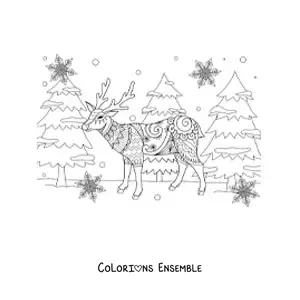 Image a colorier d’un cerf de Noel en style zentangle avec des sapins
