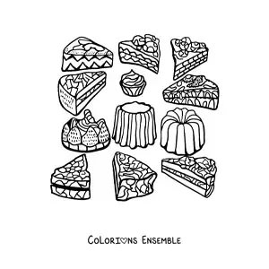 Image à colorier de plusieurs parts de gâteaux et de desserts