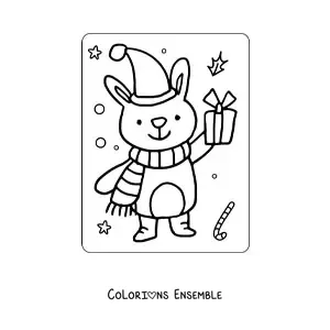 Image a colorier d’un lapin de Noel avec une echarpe