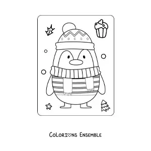 Image a colorier d’un pingouin de Noel avec une echarpe et un bonnet