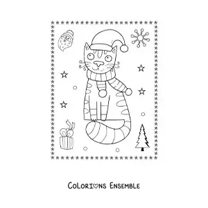 Image a colorier d’un chat de Noel avec une echarpe