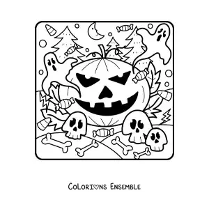 Image a colorier d’une grande citrouille d’Halloween avec des fantomes