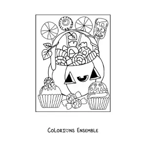 Image a colorier d’une citrouille d’Halloween kawaii avec des bonbons