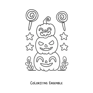 Image a colorier de jolies citrouilles d’Halloween avec des bonbons