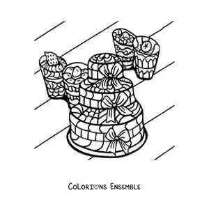 Image à colorier d'un gâteau à côté de plusieurs desserts