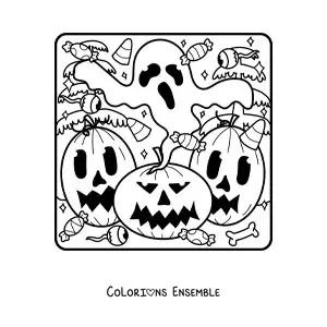 Image a colorier de citrouilles d’Halloween reunies avec un fantome