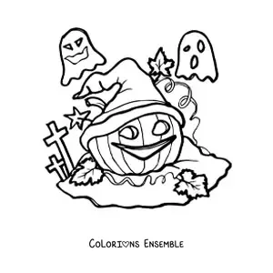 Image a colorier d’une citrouille d’Halloween geante avec un chapeau