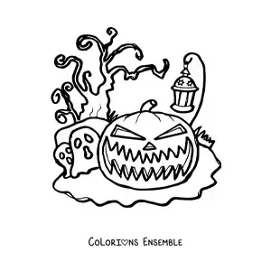 Image a colorier d’une citrouille d’Halloween effrayante avec une lanterne