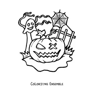 Image a colorier d’une citrouille d’Halloween effrayante avec un fantome et des toiles d’araignee