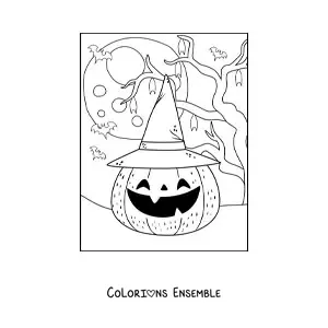 Image a colorier d’une citrouille d’Halloween kawaii avec un chapeau